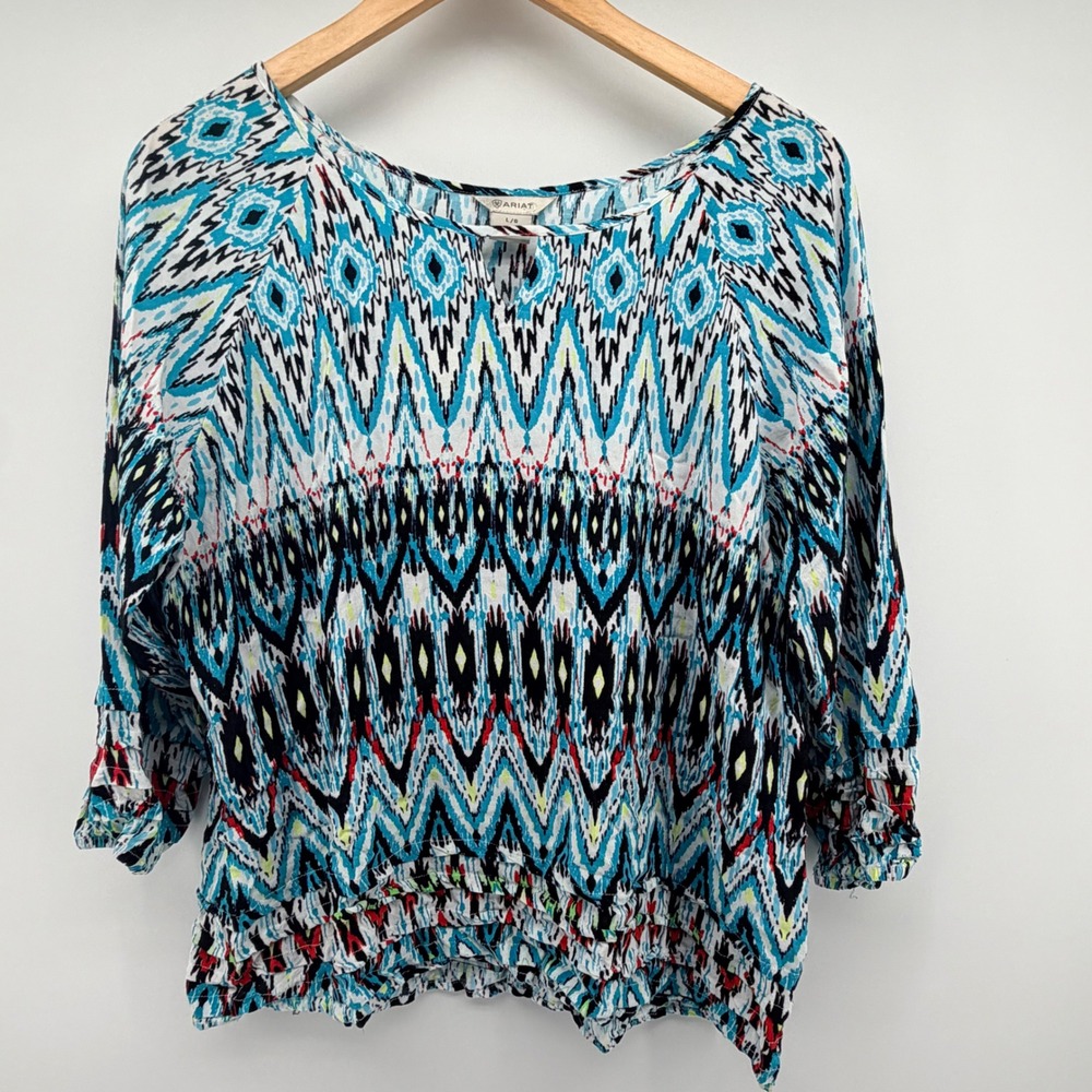 Ariat Blouse Womens Large Blue White Ikat Geometric Ruffle Hem Rayon Top L